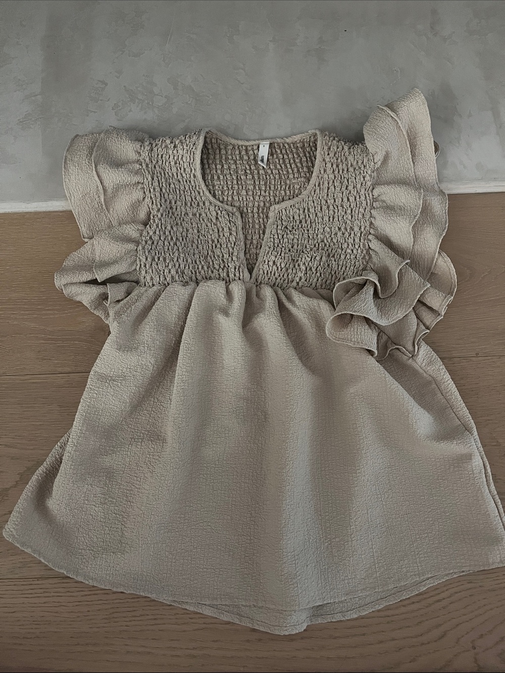 glam Taupe Smocked Knit Top with Ruffle Edge - Picture 4 of 5